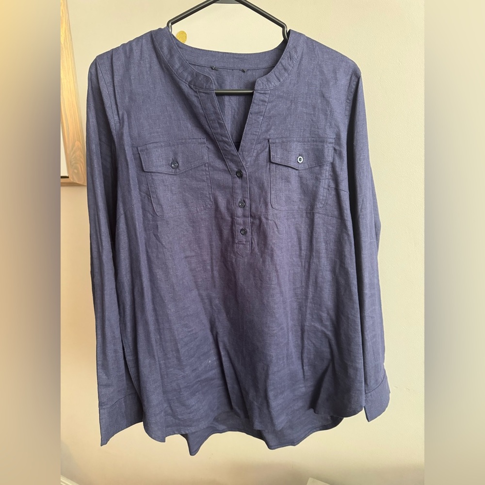 Navy Blue Button-Up Long Sleeve Linen Blend Vacation Shirt